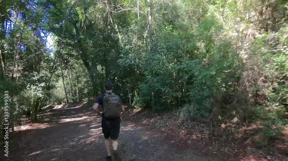 homem com mochila de explorador  caminha no parque 