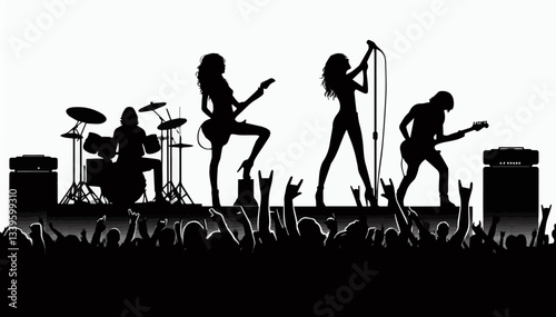 Black and white silhouette of a rock concert. Vector graphics. EPS.