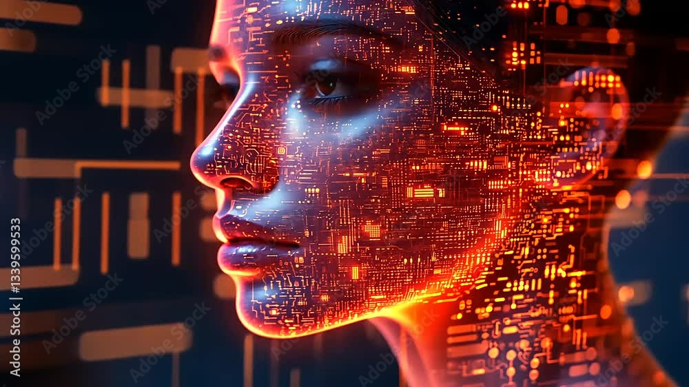 A futuristic portrait of a woman with glowing digital patterns overlaying her face, symbolizing technology and innovation A futuristic portrait of a woman with glowing digital patterns overlaying her face, symbolizing technology and innovation