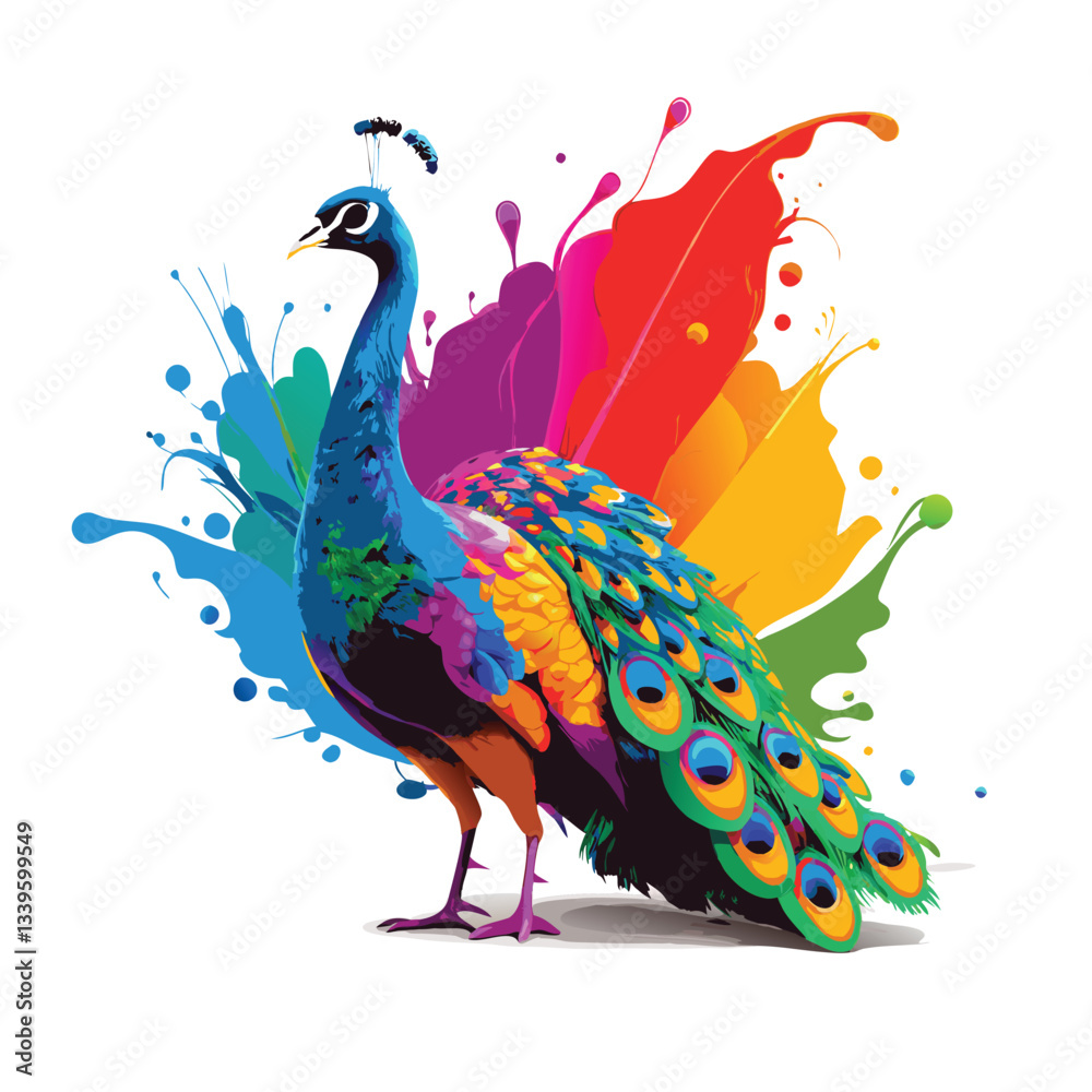 Obraz premium peacock with feathers color splash vector