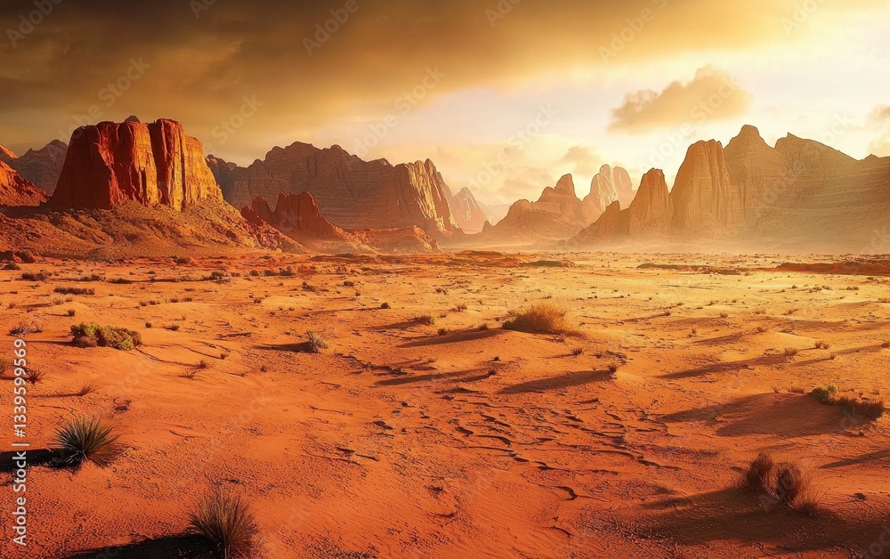 Naklejka premium Of a desert landscape with rugged red rock formations and sparse vegetation