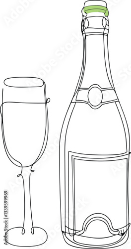 Continuous One Line Art Drawing Of Champagne Bottle And Glass Celebration Minimalist Icon Concept In Editable Stroke Style