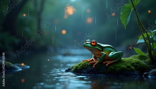 Green Tree Frog Sitting on Wet Rock