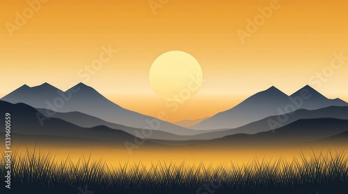 A serene illustration showing mountains and a vibrant setting sun