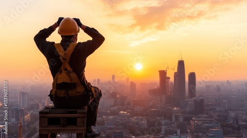 construction worker sits atop a structure, looking out at the vibrant sunrise illuminating the city skyline. Tall buildings are silhouetted against the colorful sky, showcasing a new day