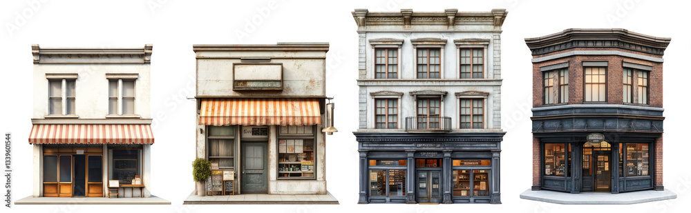 Charming Historic Storefronts in Urban Downtown Setting, Isolated on Transparent Background Charming Historic Storefronts in Urban Downtown Setting, Isolated on Transparent Background