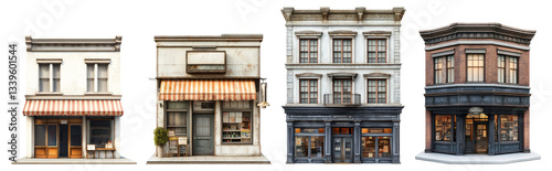 Charming Historic Storefronts in Urban Downtown Setting, Isolated on Transparent Background