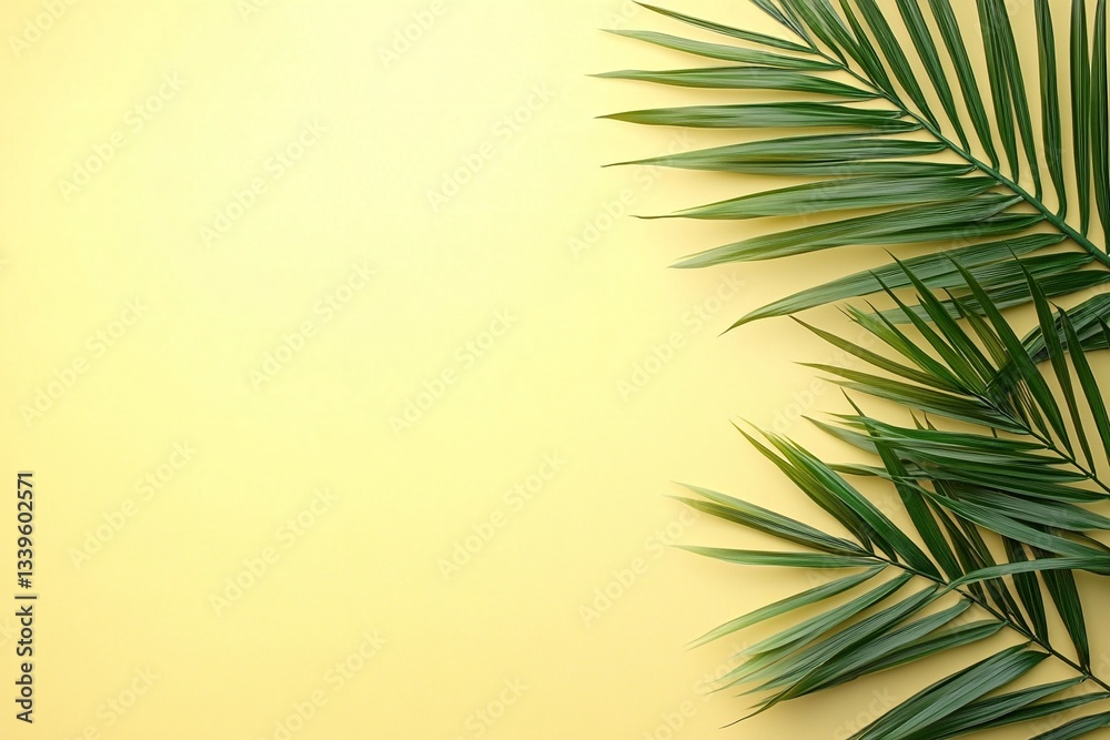 Fototapeta premium Easter Background, Easter Banner, Lush Tropical Palm Fronds on Pastel Yellow Background Summer Design Element