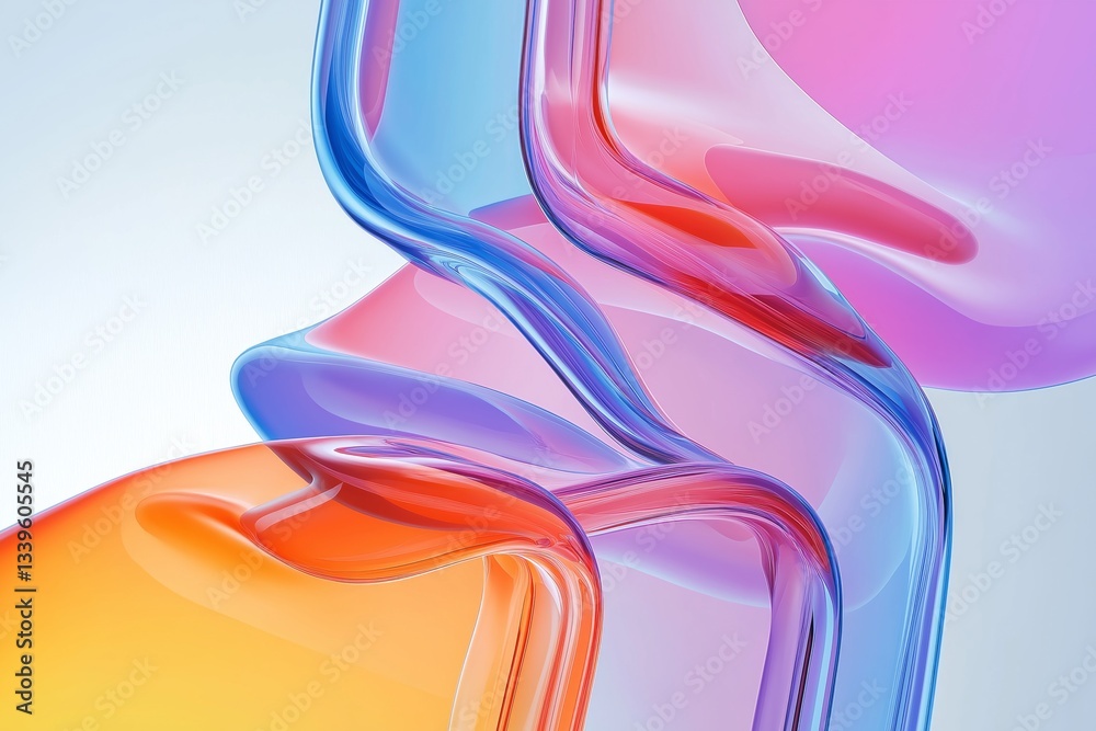 Fototapeta premium Futuristic Abstract Glass Sculpture - A mesmerizing blend of translucent, flowing shapes in a modern gradient of pink, orange, and blue hues. This high-quality digital artwork captures the beauty of f