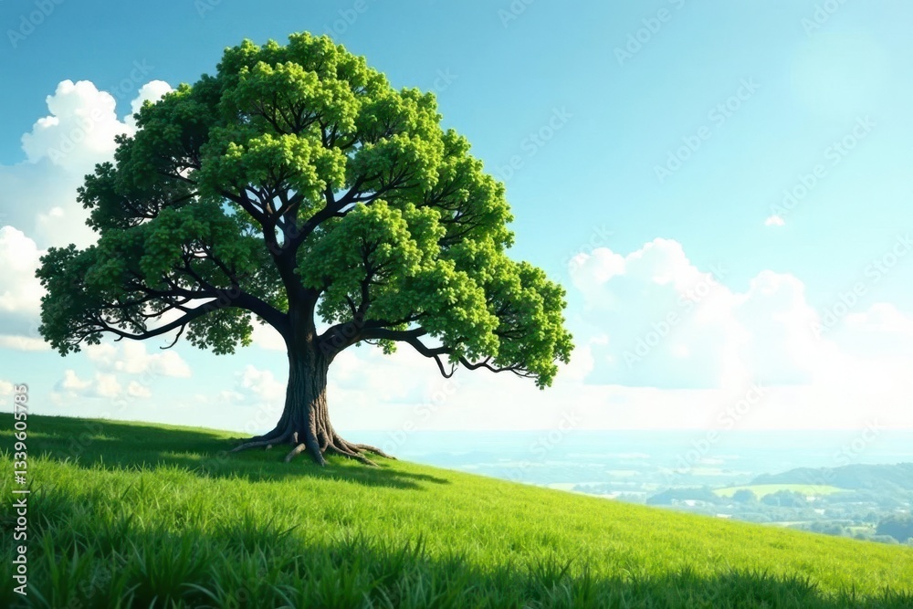 Obraz premium A majestic tree towers above the landscape with a strong stem, foliage, landscape, isolated tree