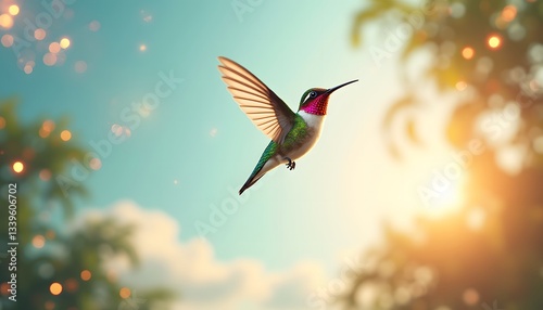 Hummingbird Flying in Golden Sunset