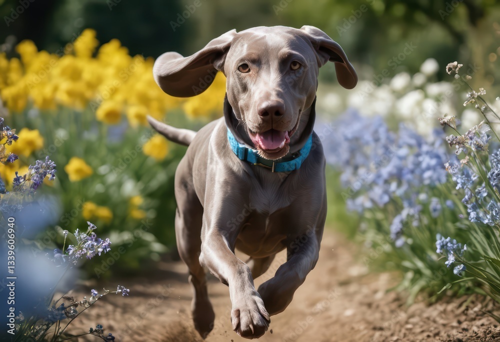 Weimaraner dog running on the green grass of luxury garden, in a elegant mansion or villa, adorable doggy playing outdoors in floral meadown, under blue sky, in a sunny day Weimaraner dog running on the green grass of luxury garden, in a elegant mansion or villa, adorable doggy playing outdoors in floral meadown, under blue sky, in a sunny day