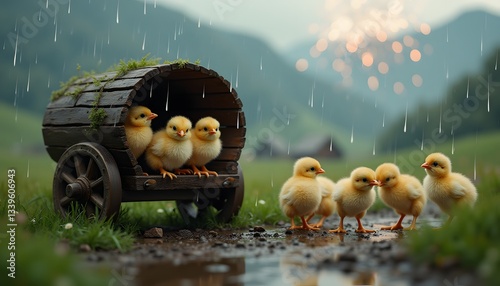Cute Chicks Next to a Wooden Cart