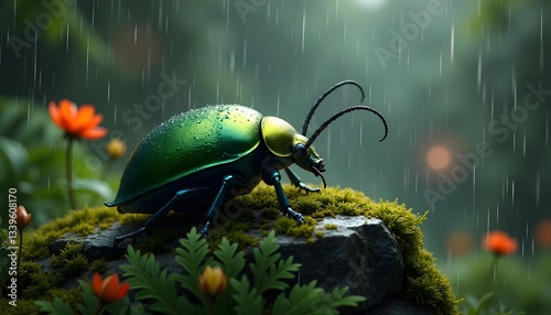 Green Beetle Crawling in Rainy Forest