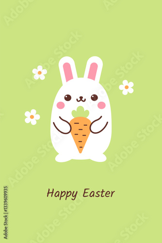 Happy Easter greeting card with cute Easter bunny, carrot, flowers minimalist vector illustration. Cartoon character in kawaii style and elegant pastel colors. Postcard, banner, ads flyer template