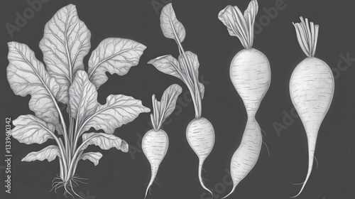 Monochromatic Root Vegetables Botanical Illustration