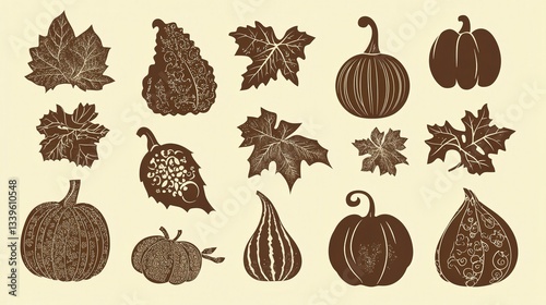 Vintage Autumn Harvest: Silhouettes of Pumpkins and Leaves