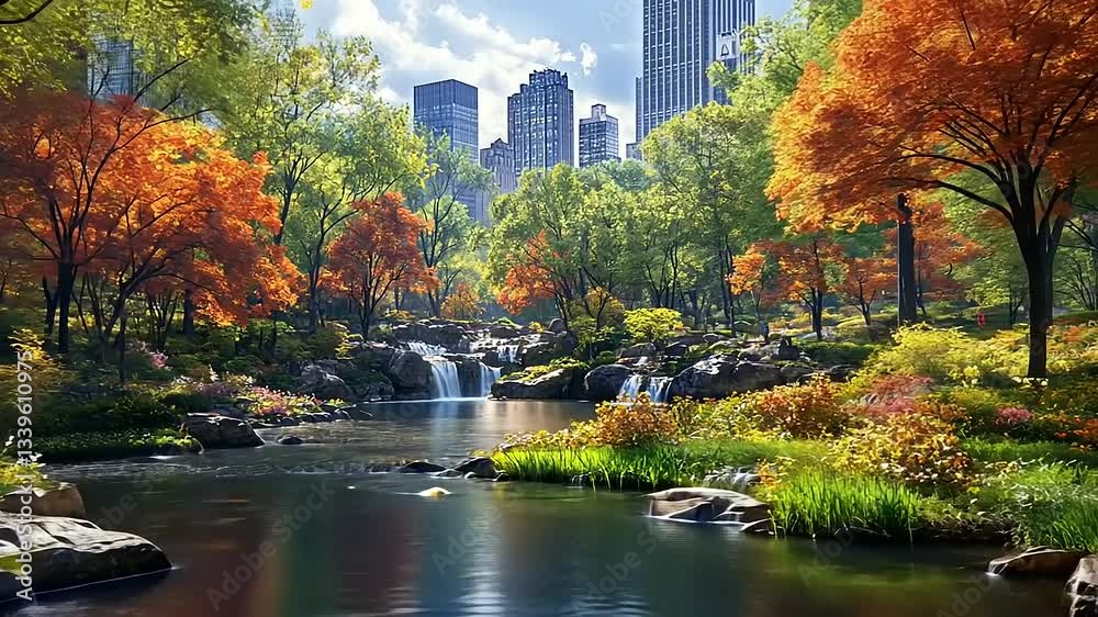 Serene autumn landscape with vibrant trees and a tranquil river in a city park, skyscrapers in background Serene autumn landscape with vibrant trees and a tranquil river in a city park, skyscrapers in background