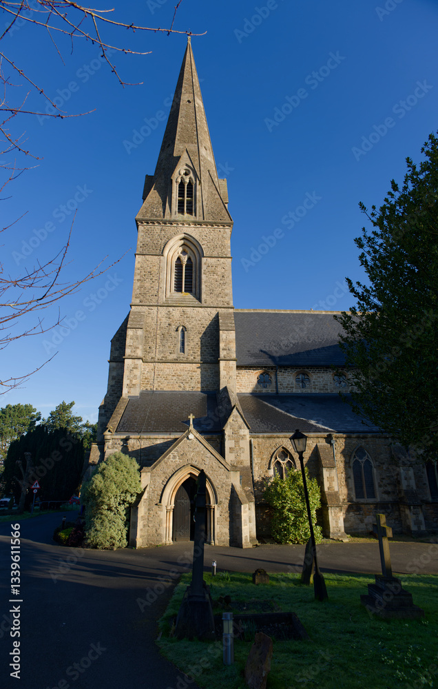 Side entrance to Christ Church in Swindon, UK. Sunny morning in the winter.
