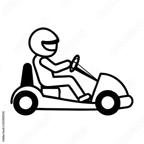 Go-kart racing icon with driver in helmet in black and white