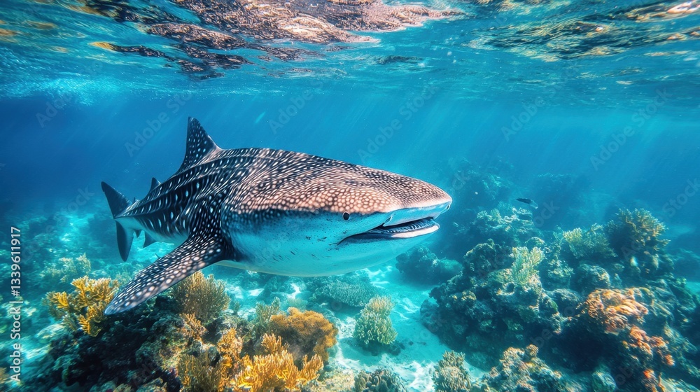 Fototapeta premium A whale shark swims gracefully near a protected marine sanctuary in crystal-clear blue water, showcasing the beauty of underwater life and vibrant coral reefs