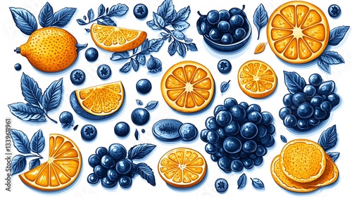 Citrus fruits, blueberries, and leaves illustration.