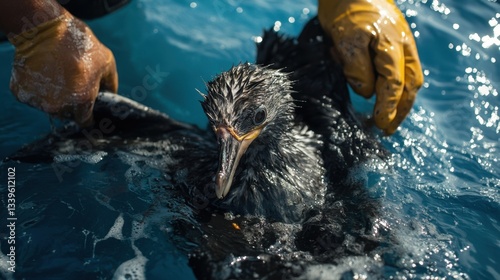 A sea bird covered in oil is being gently cleaned by wildlife rescuers, capturing an emotional moment of compassion and urgency in wildlife rehabilitation