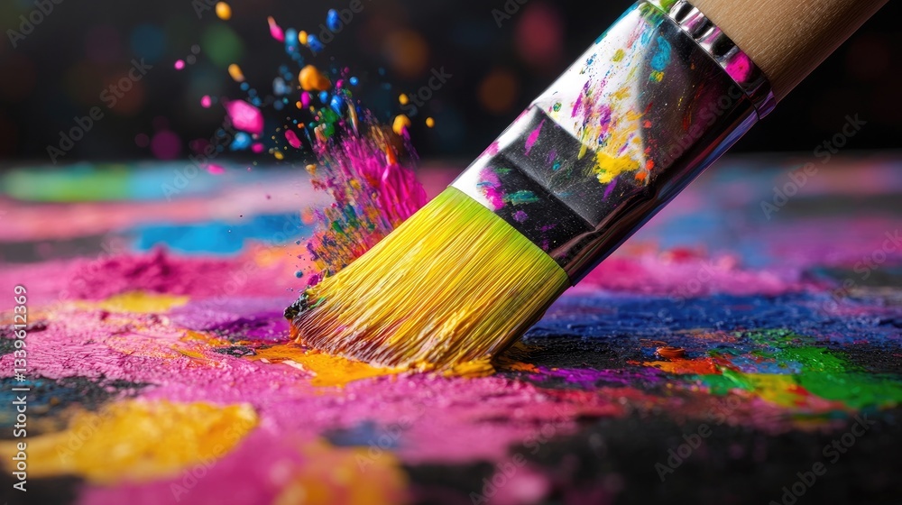 Fototapeta premium Vibrant Paint Splash with Brush on Canvas Captures Creative Expression and Dynamic Art