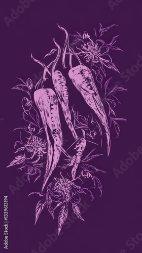Intricate Botanical Illustration of Peppers and Vegetables on a Dark Purple Background