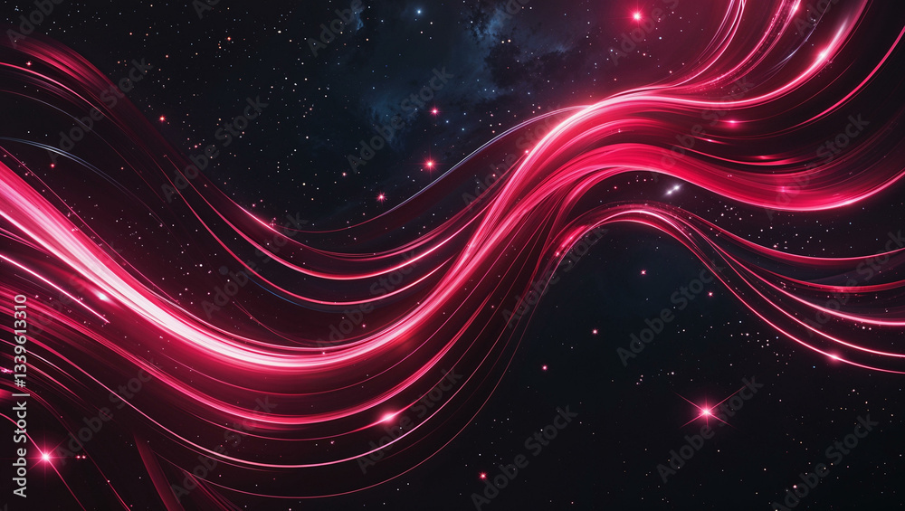 Fototapeta premium A cosmic abstract background with flowing, curved streaks of glowing ruby red and deep crimson light against a deep dark space backdrop.