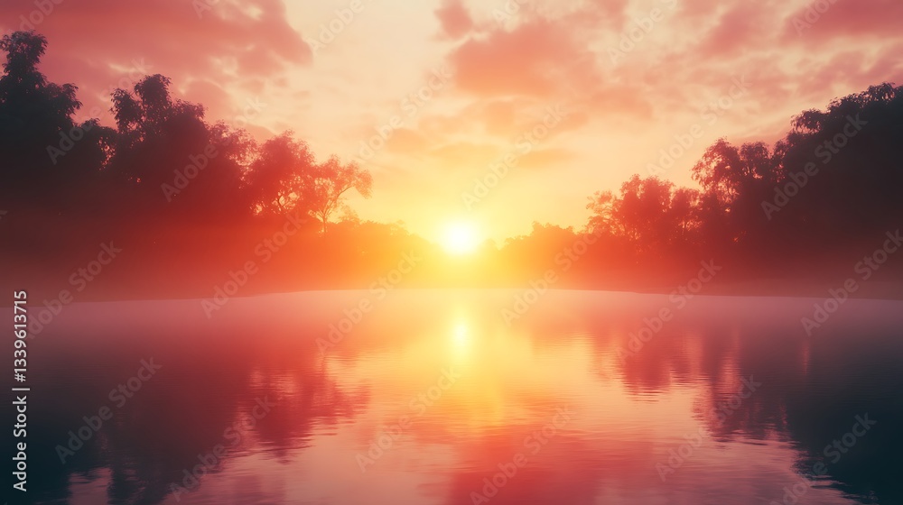 Naklejka premium A vibrant sunrise paints the sky with warm colors, creating a mesmerizing view over the rugged mountain range.