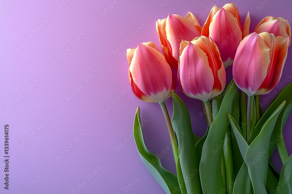 Fototapeta premium Easter Background, Easter Banner, Vibrant Pink and Orange Tulips Bouquet on Purple Background Spring Flowers