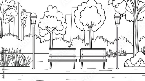 Continuous line drawing a park scene, minimalist capturing leisure and nature