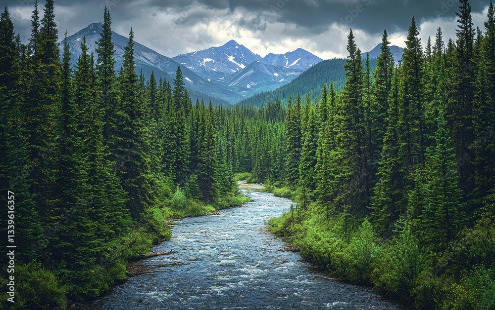 Obraz premium Of a wild forest with a river running through it and mountains in the background