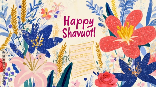 Vibrant Shavuot Greeting with Hebrew Torah Scroll, Wheat, and Colorful Floral Arrangement on Radiant Golden Background