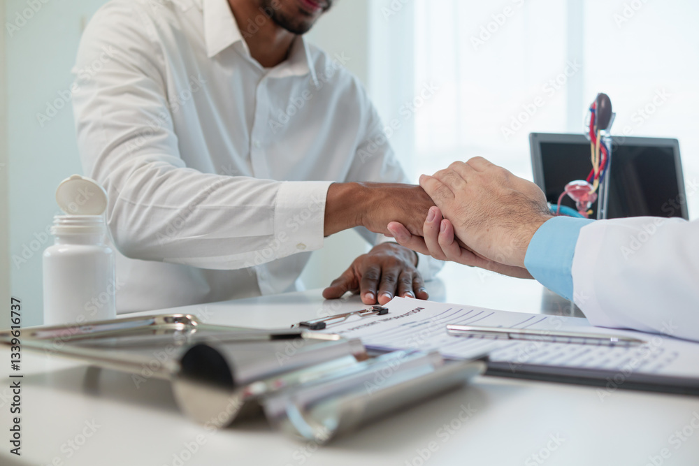 Fototapeta premium A young man suffering from erectile dysfunction seeks consultation with a specialist to identify the cause of his erectile dysfunction and seek treatment or cure for the erectile dysfunction.