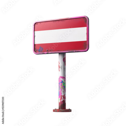 Sign with red and white colors featuring graffiti and distinctive creative elements