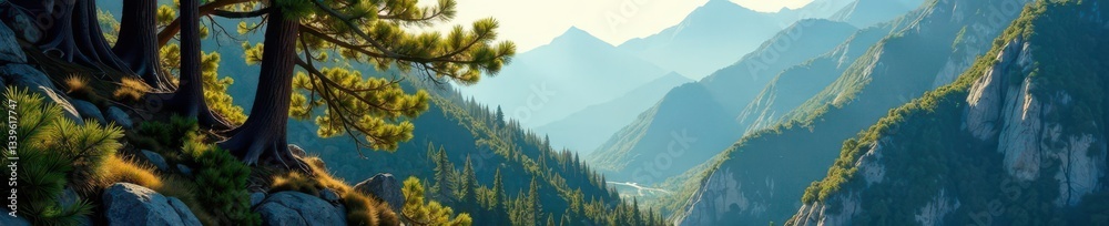 Fototapeta premium Ancient pines cling to steep mountain slopes, sunlight dappling through needles , blue sky, scenery, flora