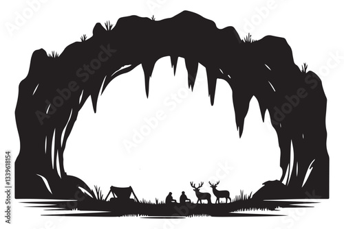 Camping in a Cave Silhouette Vector Illustration with Deer