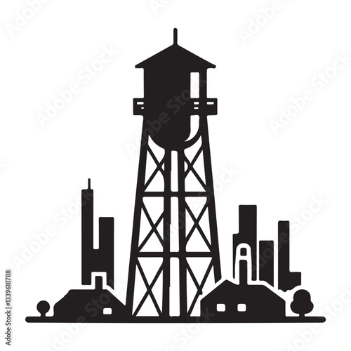 Water Tower Silhouette in Cityscape Vector Landmark Illustration