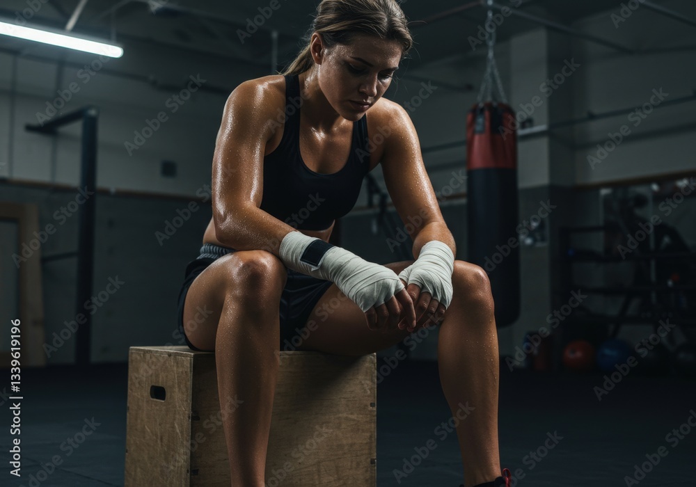 Naklejka premium Strong female athlete sitting on a wooden box in a boxing ring.