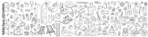 Hand drawn set of summer holiday elements, travel, drawn in doodle style. Illustration for banner, background, icon, logo design. Vector