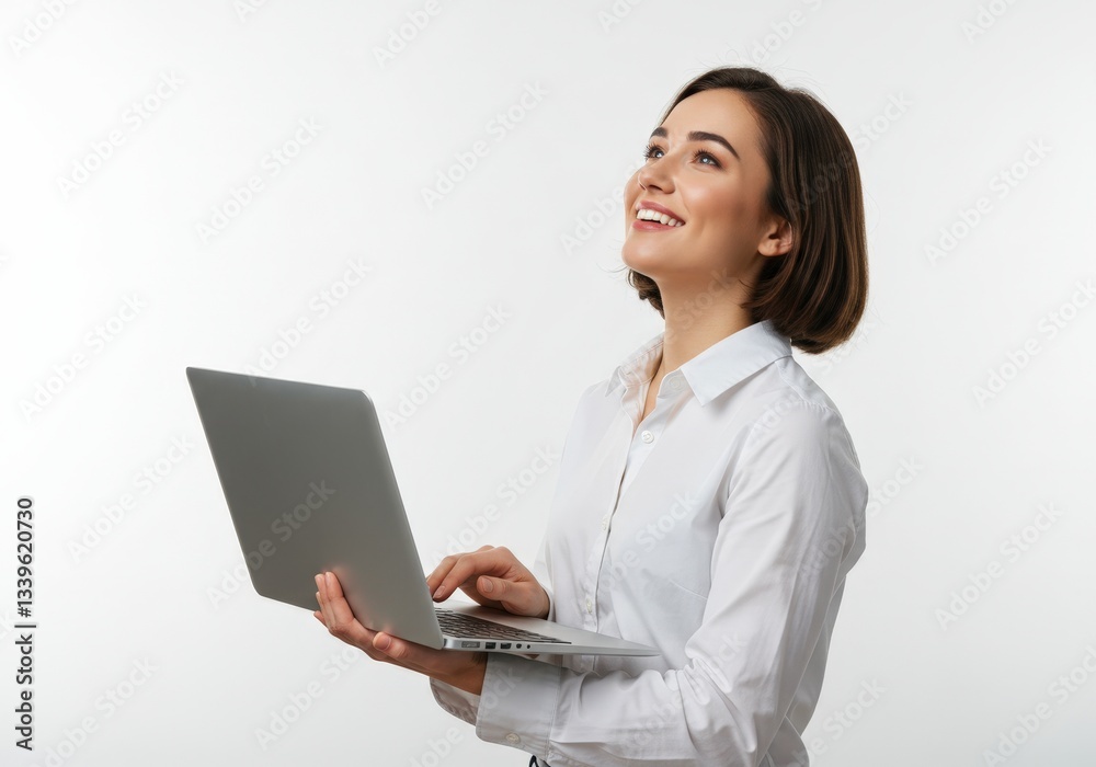 Smiling businesswoman holding a laptop, looking up with inspiration. Smiling businesswoman holding a laptop, looking up with inspiration.