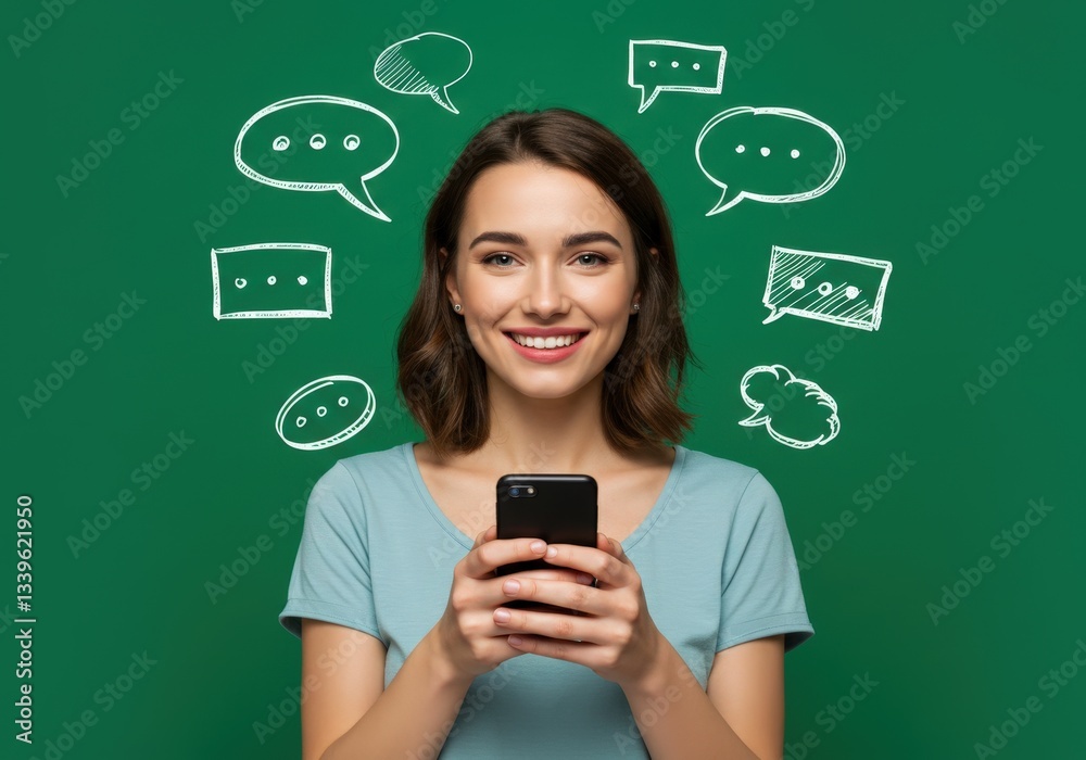 Smiling young woman using smartphone with hand-drawn chat bubbles. Smiling young woman using smartphone with hand-drawn chat bubbles.