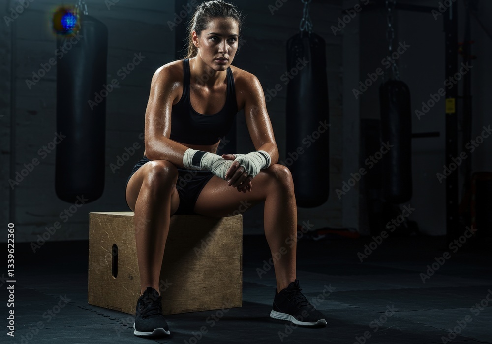 Naklejka premium Female boxer resting after intense training in a dark gym.