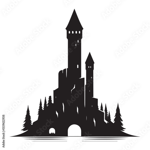 Majestic Castle Silhouette An Enchanting Medieval Fortress Illustration