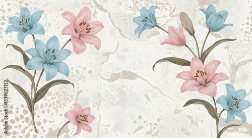 Flowers on the old white wall background, digital wall tiles or wallpaper design, cement texture background