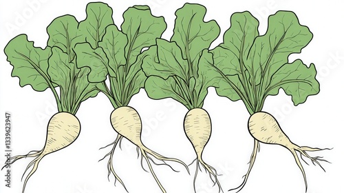Beautiful Hand Drawn Illustration of White Root Vegetables with Lush Green Leaves