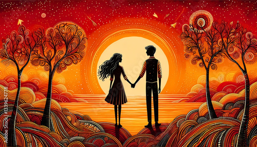 A couple holding hands with a sunset orange background, Gond painting. photo