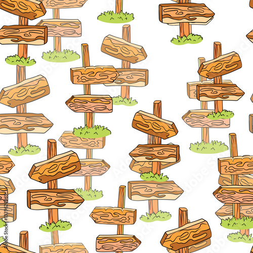 Seamless pattern with hand drawn road signs. Wooden signs with arrows. Nice design. Cartoon vector illustration for fabris, textile.